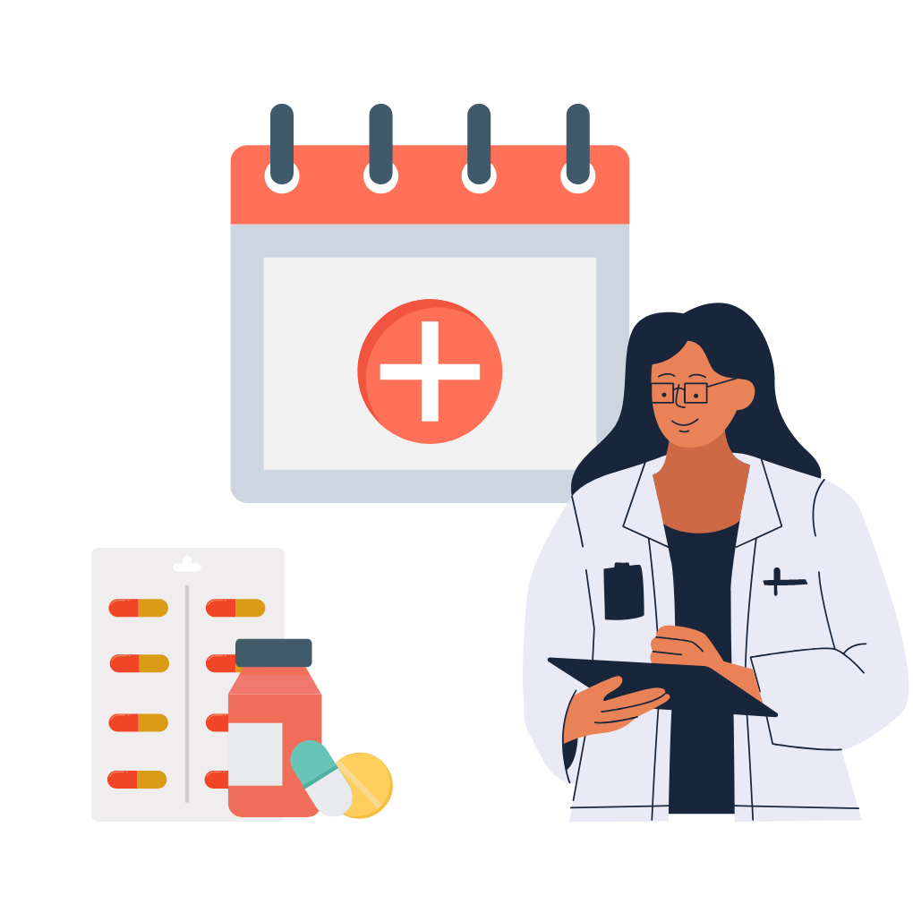 figura com uma farmacêutica um calendário e uma cartela de medicamentos simbolizando a ajuda da farmacêutica na orientação sobre como organizar a rotina de consumo das doses de medicamentos durante a consulta farmacêutica